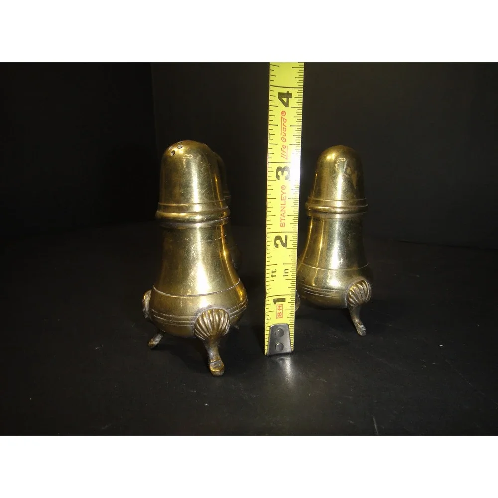 Vintage Brass Salt and Pepper Shakers Set of 3 Shell Footed Tripod Base Gold EUC